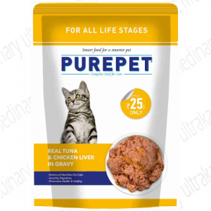 Purepet Wet Cat Food, Real Tuna and Chicken Liver in Gravy, 15 Pouches (15 x 70g)
